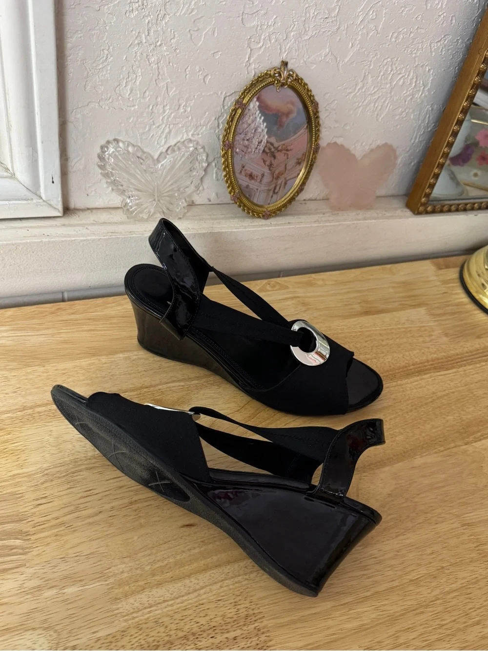IMPO Black Stretch Slingback Wedge Sandals Size 10 Y2K Peep Toe Comfort Heels